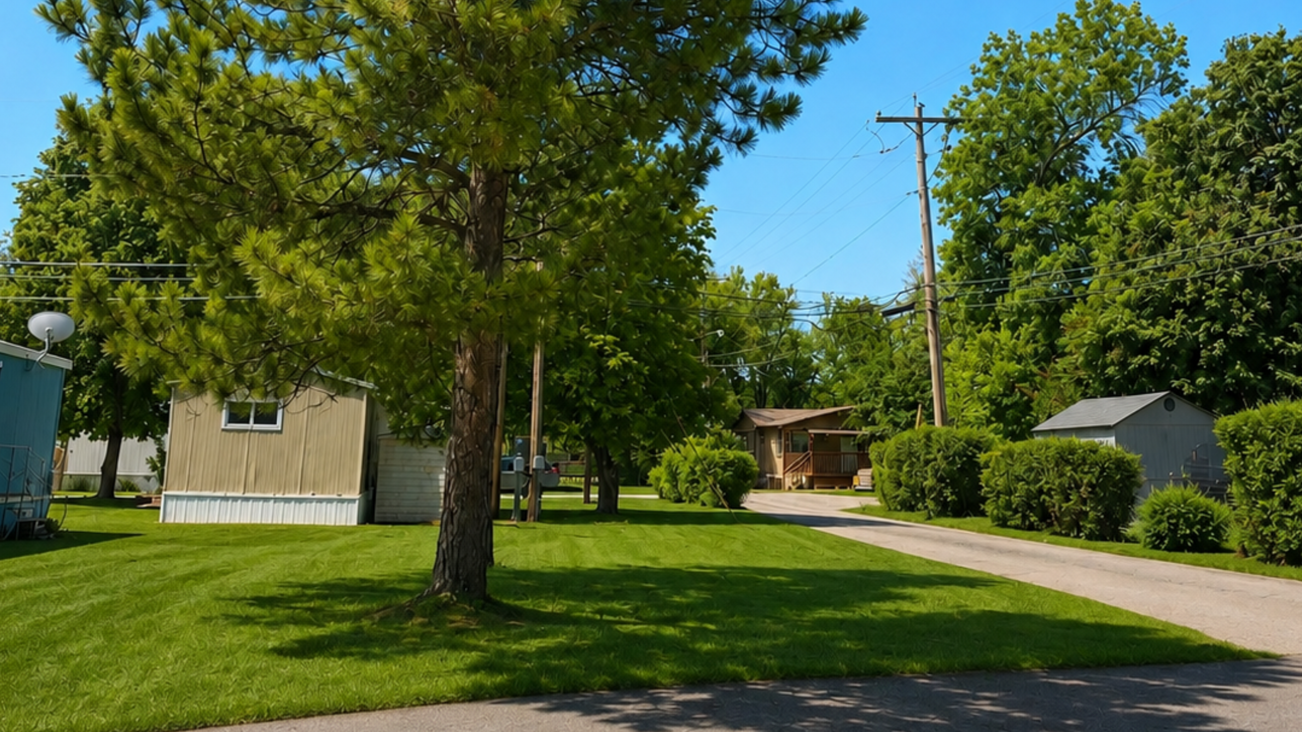 Charming residential area with lush green lawns, mature trees, and cozy homes creating a peaceful neighborhood setting.