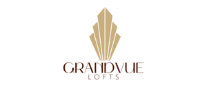 Elegant Grandvue Lofts logo featuring an art deco-inspired skyscraper design in gold and brown hues.