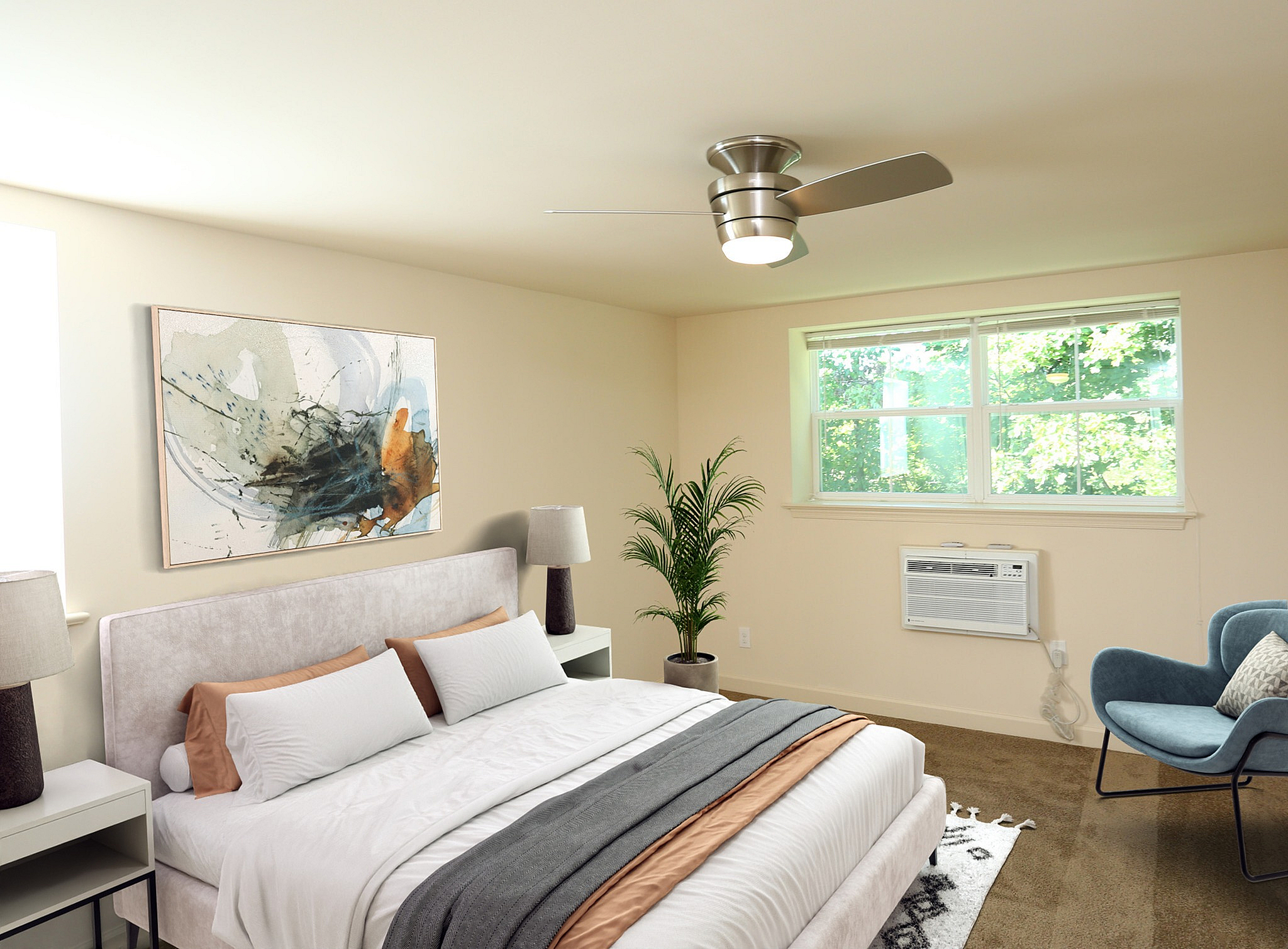 Cozy bedroom interior with modern decor, featuring a stylish bed, elegant artwork, and abundant natural light through a large window.