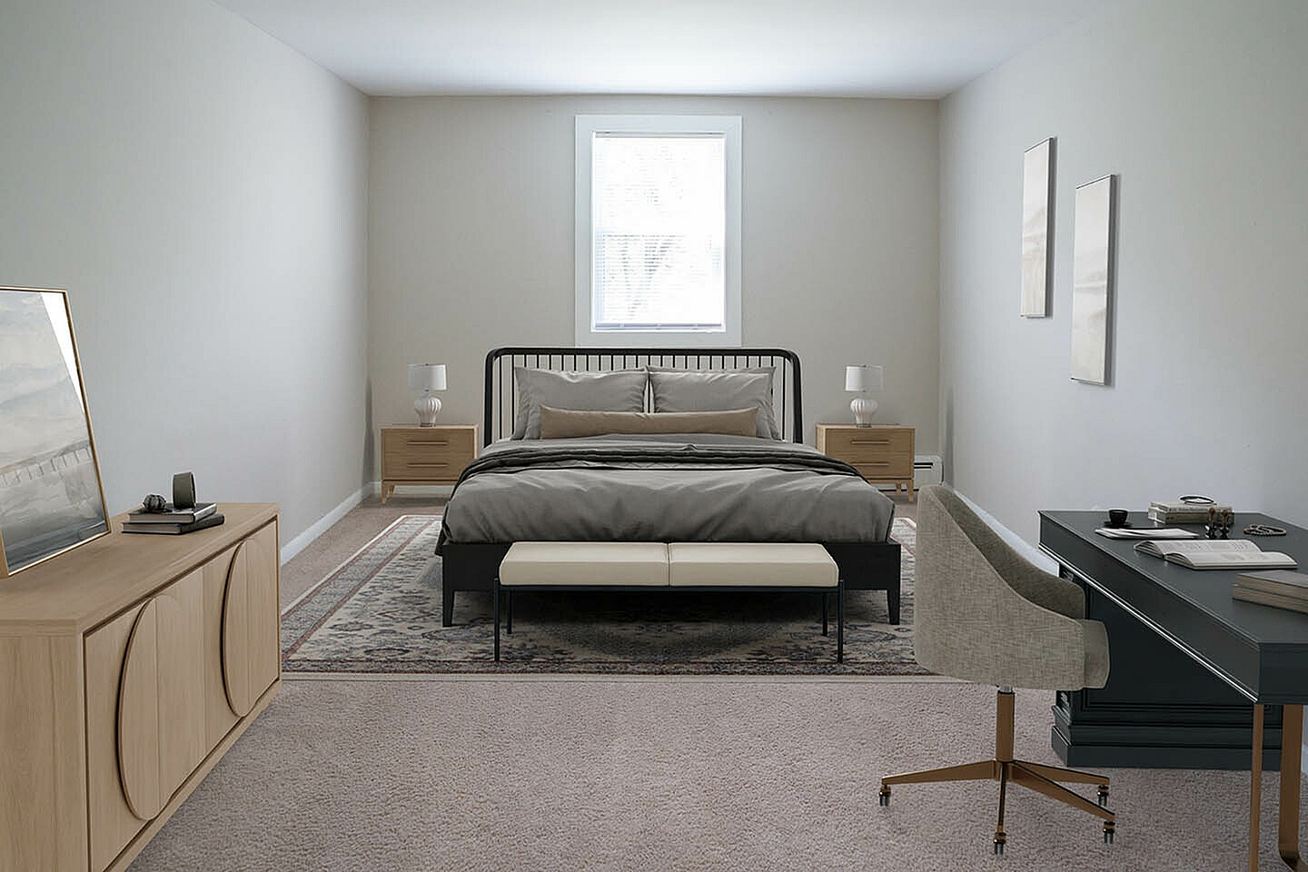 Elegant bedroom with plush carpet, stylish gray bedding, and modern furniture, including a sleek desk and cozy chair.