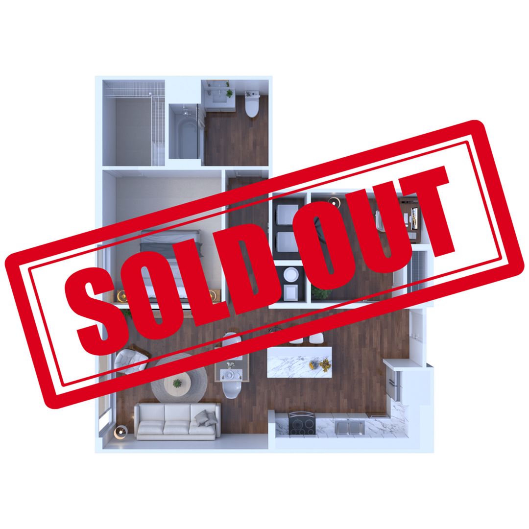 Contemporary floor plan with one bedroom, an open living space, and a stylish kitchen, marked as sold out.