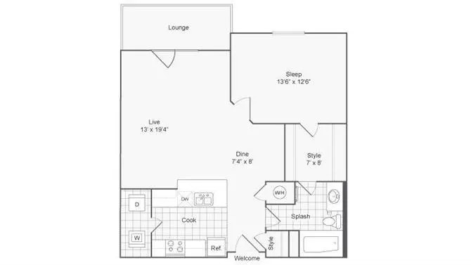 Sophisticated 2D floor plan with 1 bedroom, a stylish kitchen, and a spacious living area.