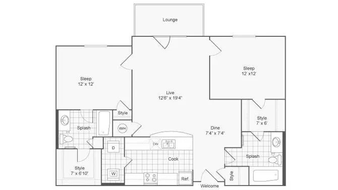 Sophisticated 2D floor plan featuring two spacious bedrooms, open living space, and modern kitchen layout.