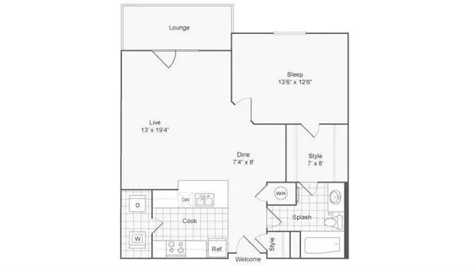 Modern floor plan showcasing a spacious living area, stylish bedroom, sleek kitchen, and inviting lounge that promises comfort and functionality.