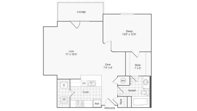 Modern floor plan showcasing a spacious living area, cozy bedroom, contemporary kitchen, and inviting lounge space.
