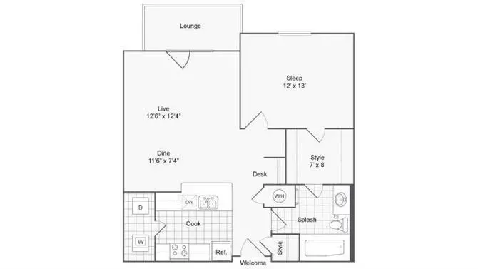 Modern floor plan featuring open living and dining area, spacious 12x13 bedroom, sleek kitchen with appliances, and relaxing lounge.