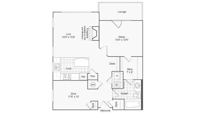 Modern apartment floor plan showcasing 1 bedroom, open living area, and stylish kitchen with lounge space.