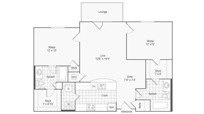Modern floor plan showcasing 2 spacious bedrooms, an open living area, stylish kitchen, and inviting lounge. Perfect for comfortable living and entertaining.