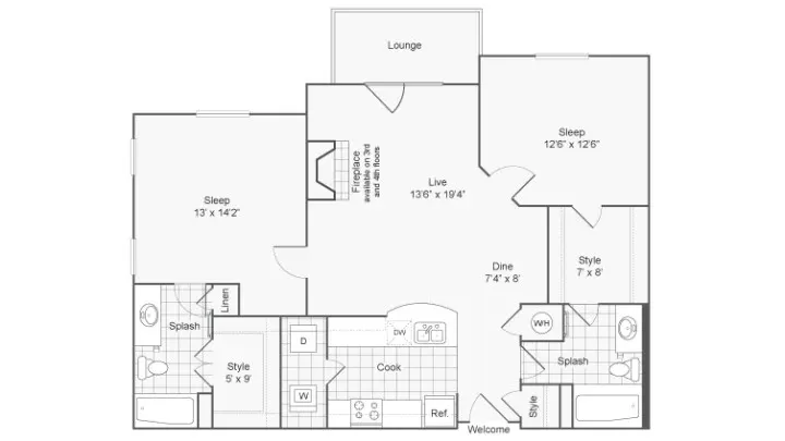 Elegant floor plan featuring 2 bedrooms, a spacious living area with a fireplace, and modern kitchen. Includes two stylish bathrooms and a cozy lounge area.
