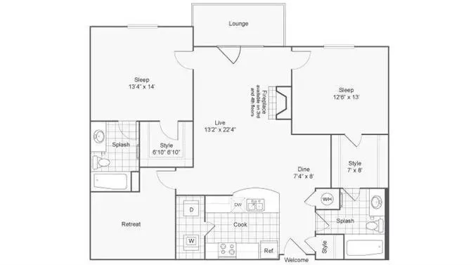 Inviting floor plan showcasing 2 spacious bedrooms, open living space, modern kitchen, and two stylish bathrooms for a comfortable lifestyle.