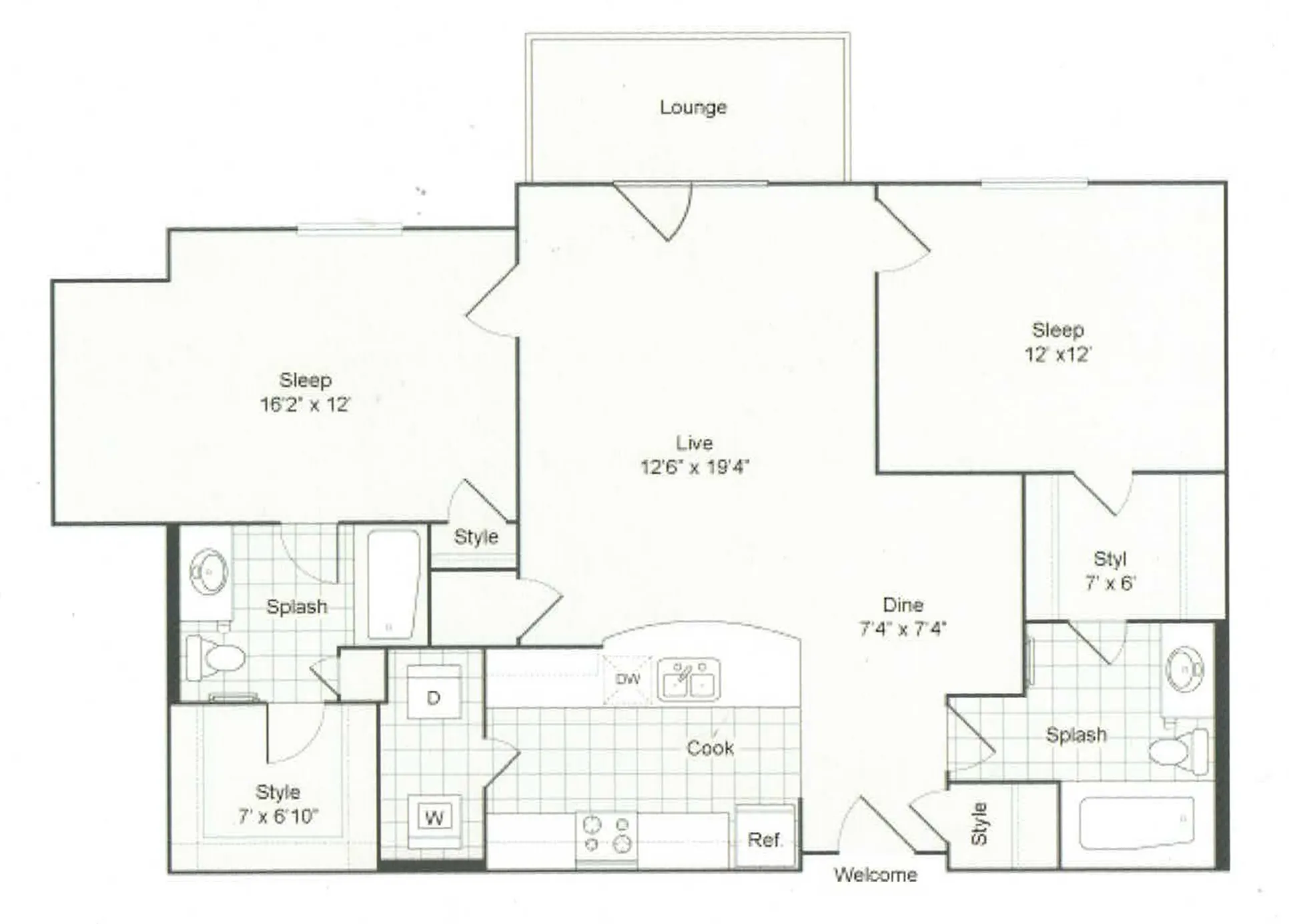 Elegant floor plan showcasing a spacious layout with two bedrooms, an inviting living room, modern kitchen, and two stylish bathrooms. Perfect for luxurious living.