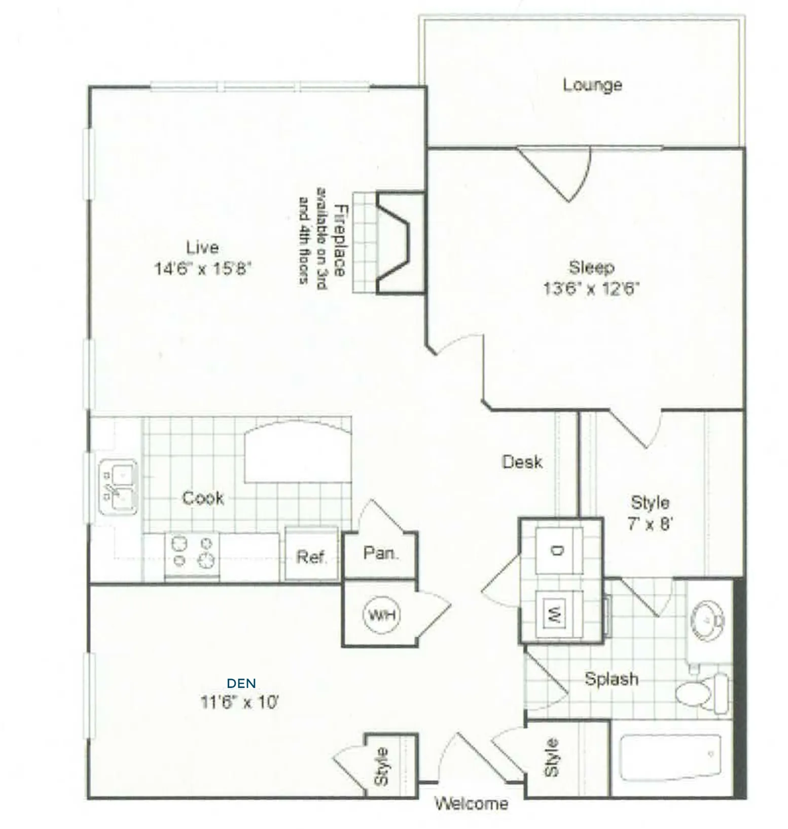 Inviting apartment floor plan featuring a spacious living area with a fireplace, modern kitchen, cozy bedroom, and a relaxing lounge area. Includes a den for versatile use, stylish bathroom, and convenient laundry space. Perfect for comfortable living.