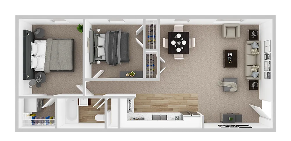 Modern 2D floor plan showcasing 2 cozy bedrooms, an open living and dining area, sleek kitchen, and a contemporary bathroom, ideal for comfortable urban living.