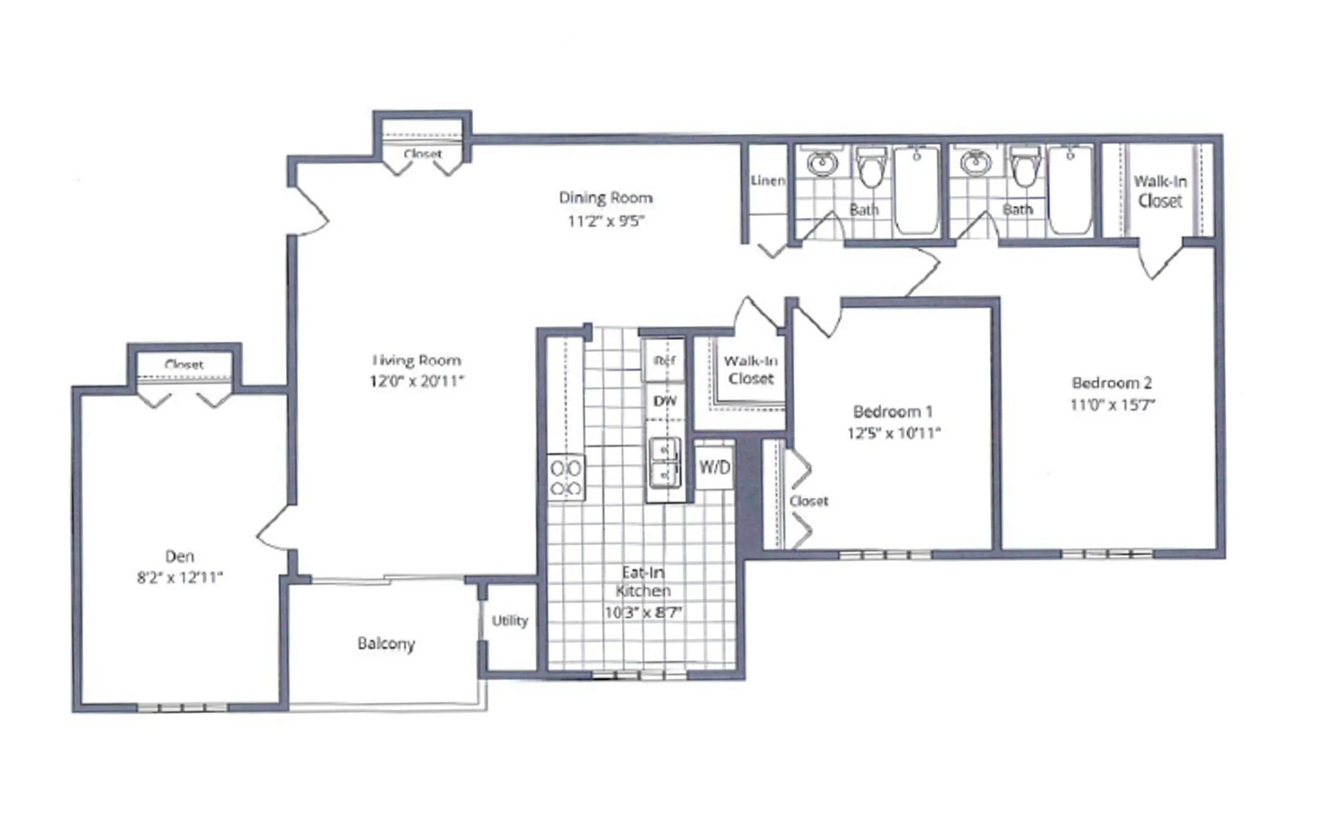 Modern apartment floor plan featuring 2 bedrooms, spacious living room, eat-in kitchen, and den with balcony access.