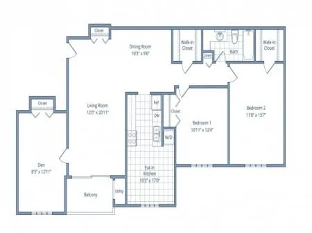 Bright and modern floor plan showcasing 2 bedrooms with walk-in closets, cozy den, open living and dining areas, along with a well-equipped kitchen and spacious balcony.