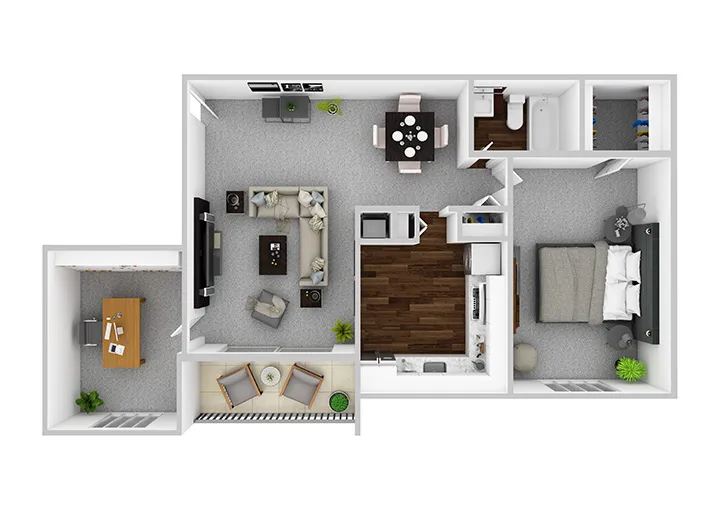 Modern floor plan showcasing a spacious bedroom, stylish living room, and functional home office, with a cozy dining area and sleek kitchen design.