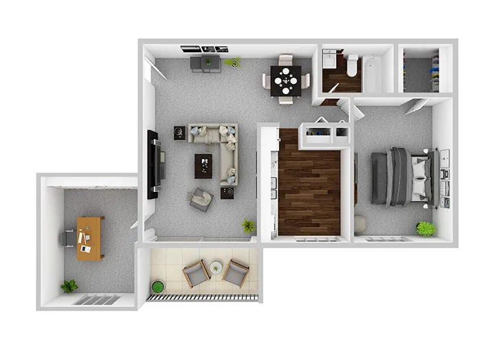 Modern 2D floor plan showcasing a spacious 1-bedroom layout with an open-concept living and dining area, contemporary kitchen, elegant bathroom, home office, and balcony. Ideal for urban living.