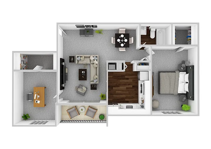 Contemporary 2D floor plan featuring a cozy bedroom, open living and dining area, modern kitchen, home office, and stylish balcony.