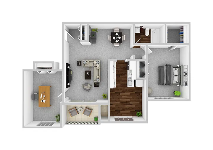 Contemporary 3D floor plan highlighting 1 bedroom, open-concept living and dining area, modern kitchen, home office, and cozy balcony.