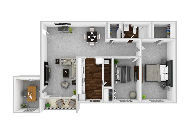 Contemporary 3D floor plan showcasing an elegant 2-bedroom apartment with a spacious living room, modern kitchen, and home office.