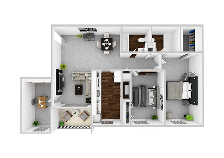 Modern 3D floor plan highlighting 2 bedrooms, a cozy living room, sleek kitchen, and a private office area, perfect for contemporary living.
