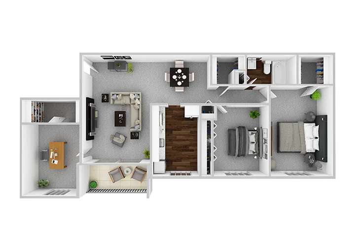 Elegant 3D floor plan showcasing 2 bedrooms, a stylish living room, dedicated office space, and a modern kitchen with dining area, featuring a cozy balcony for relaxation.