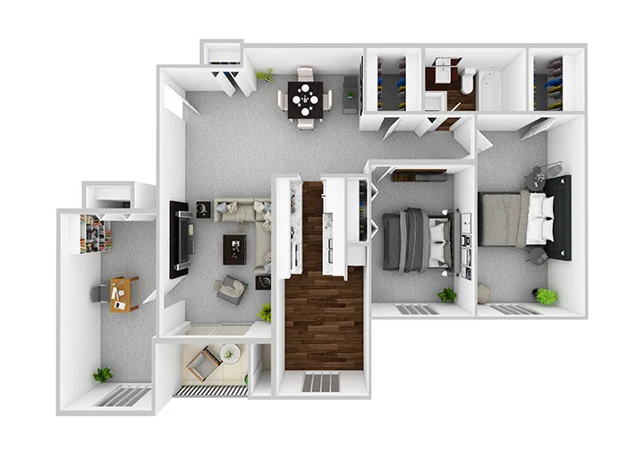Elegant floor plan featuring 2 spacious bedrooms, a modern open-concept living and dining area, a contemporary kitchen, and a cozy home office space.