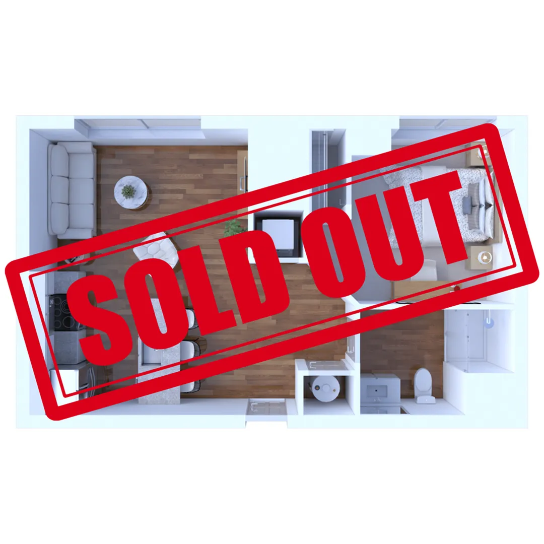 Elegant 2D floor plan with open living area, bedroom, and bathroom, marked as sold out.