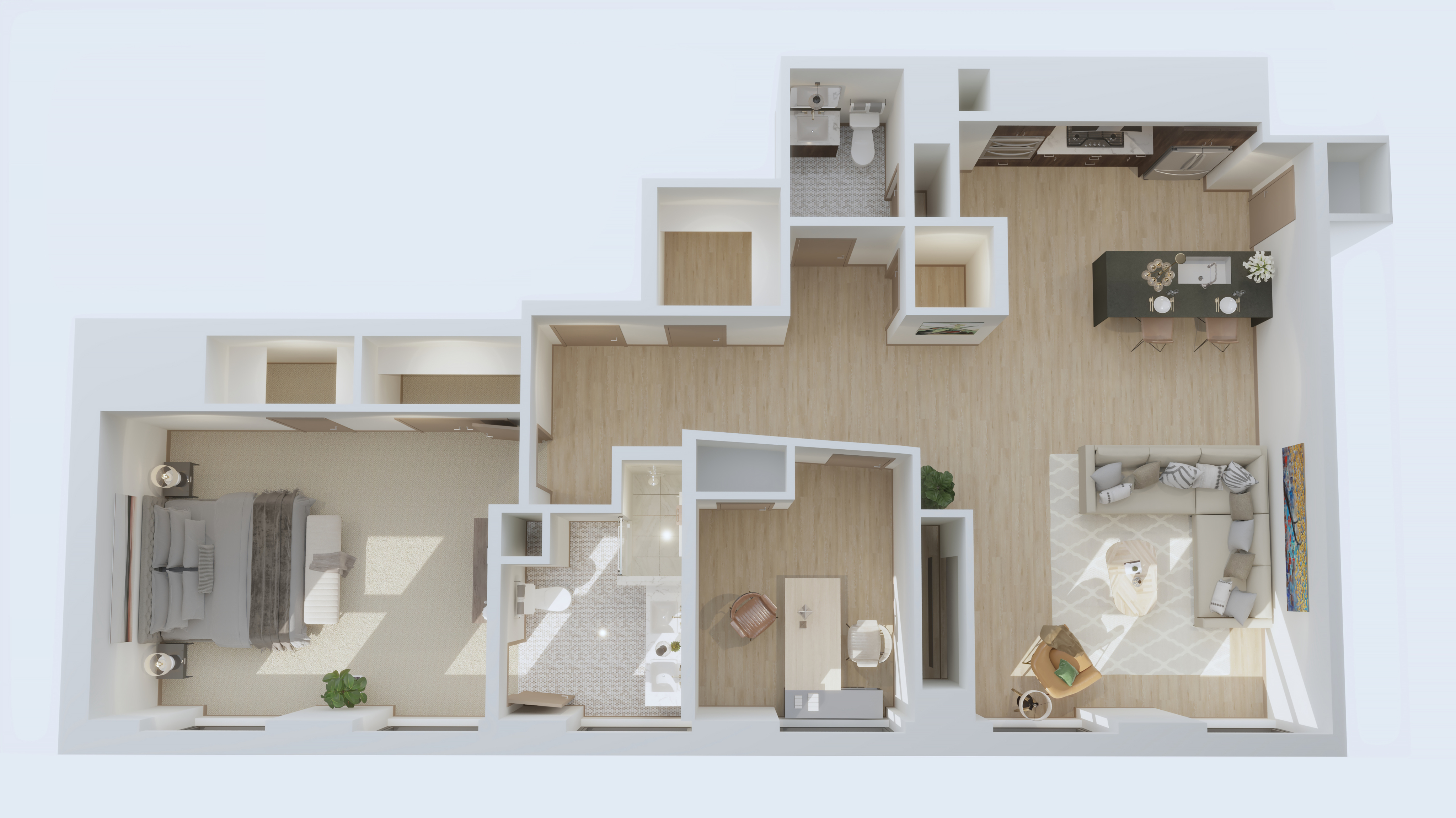 3D floor plan showcasing a stylish apartment with a spacious bedroom, open-plan kitchen, and cozy living area.