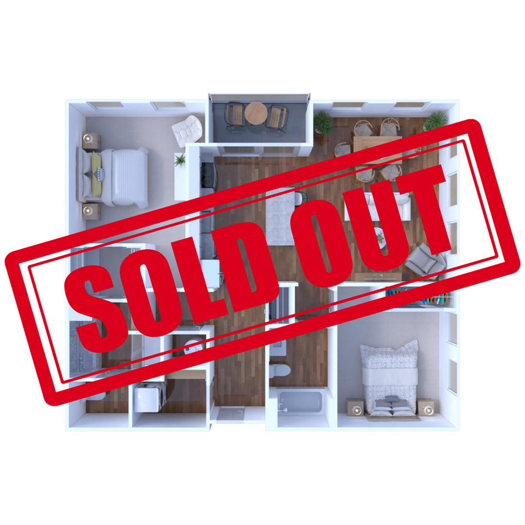 3D floor plan of a sold-out apartment with two bedrooms, one bathroom, a modern kitchen, and a cozy living area.
