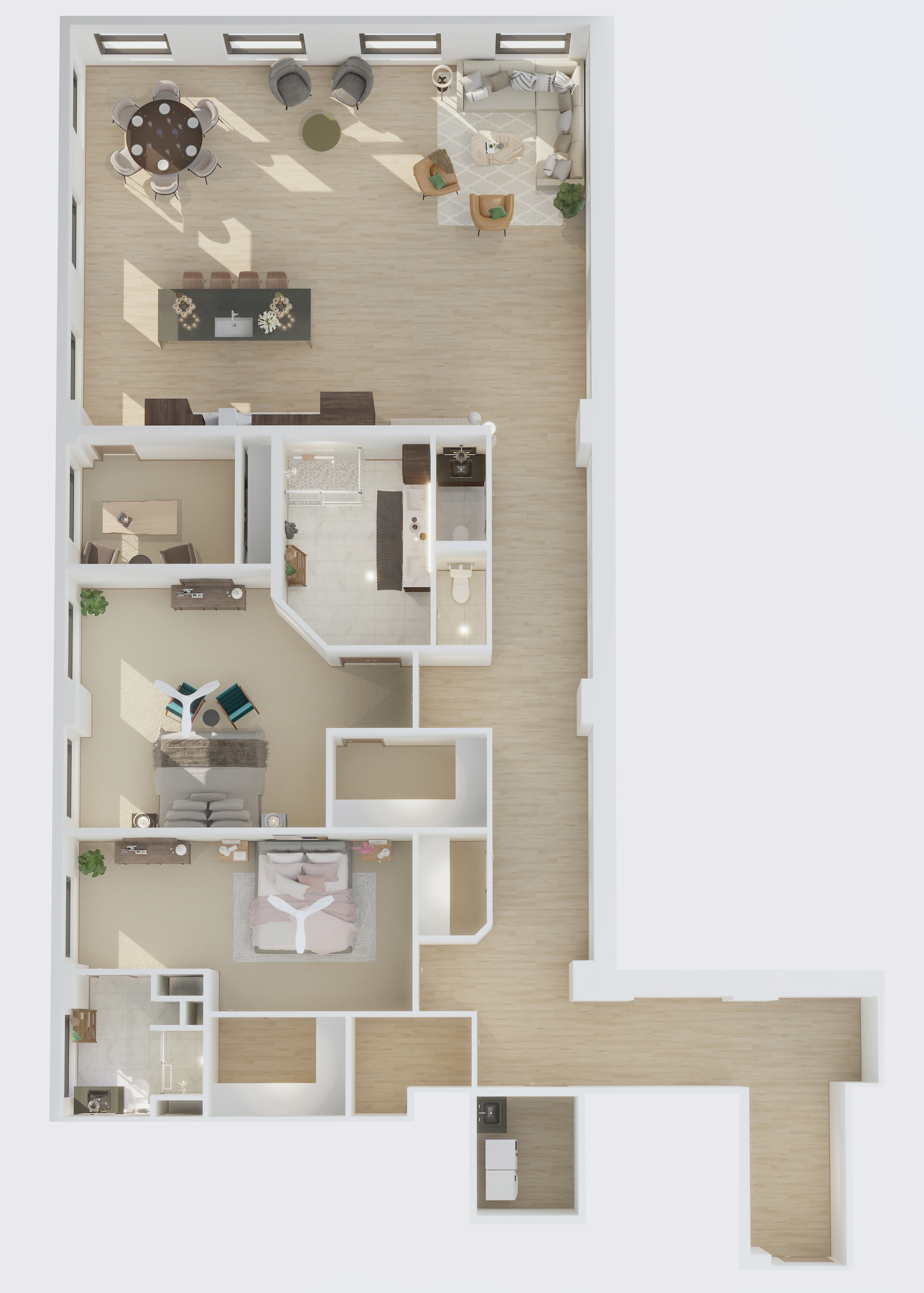 Contemporary 3D floor plan with two bedrooms, large open living area, and modern kitchen.