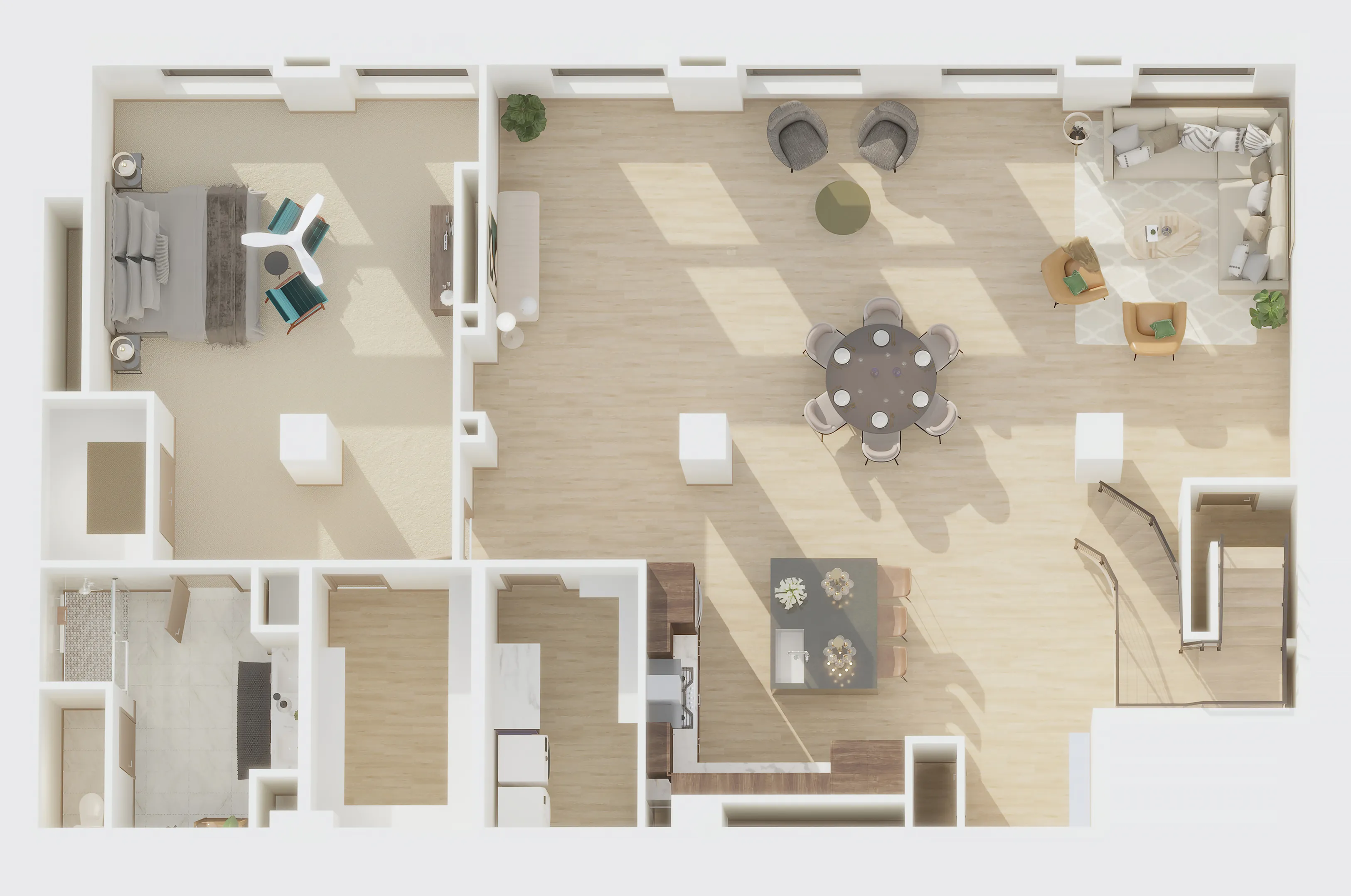 Stylish 3D floor plan showcasing an open-concept living area, a bedroom, and a modern kitchen with a dining space.