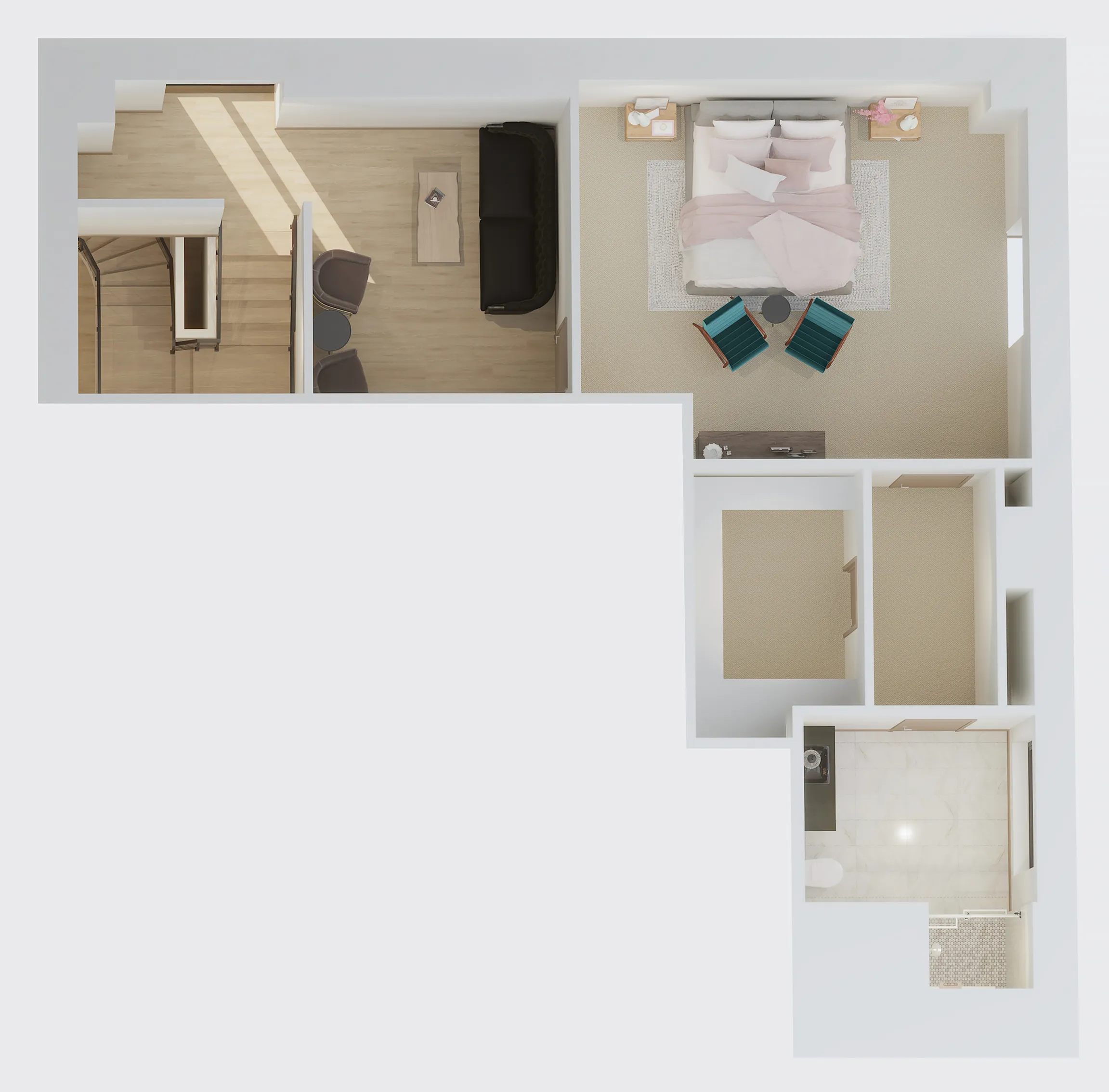 Modern floor plan showcasing a cozy bedroom, stylish living space, and a sleek bathroom.