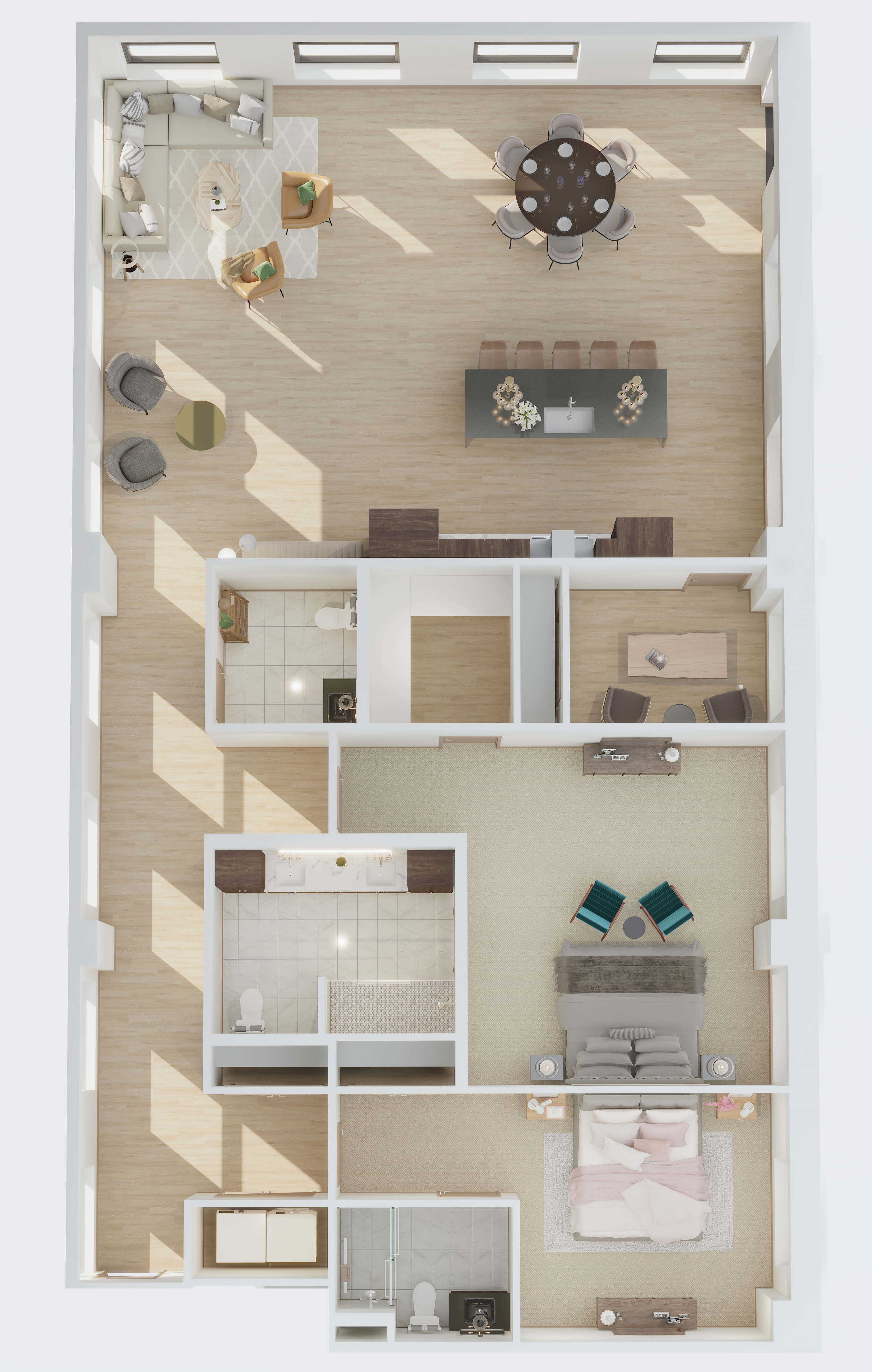 Sleek 3D floor plan showcasing a spacious living area, dining space, and a luxurious bedroom with two modern bathrooms.