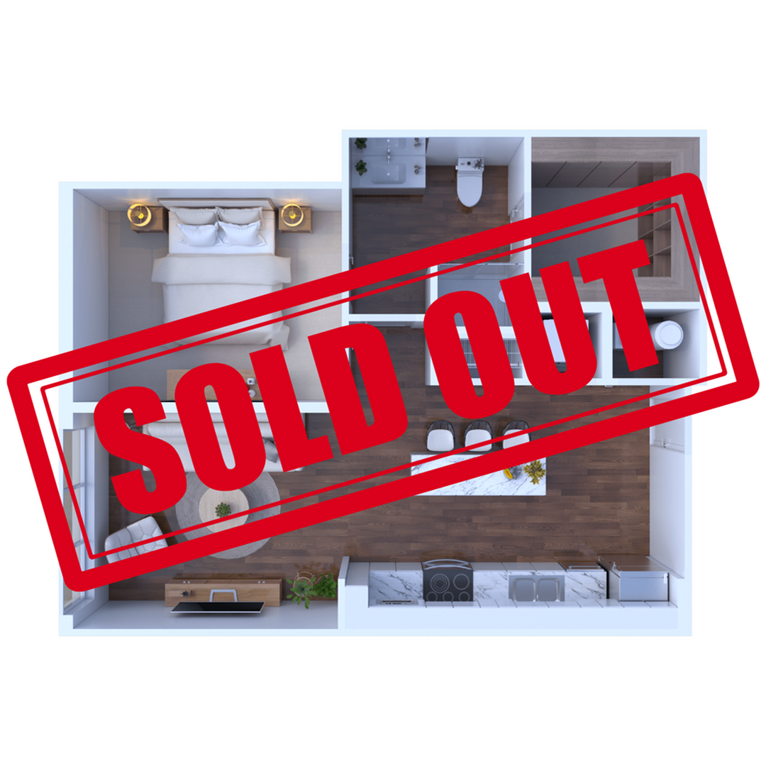 1-bedroom apartment floor plan with an open kitchen and living area, now sold out.