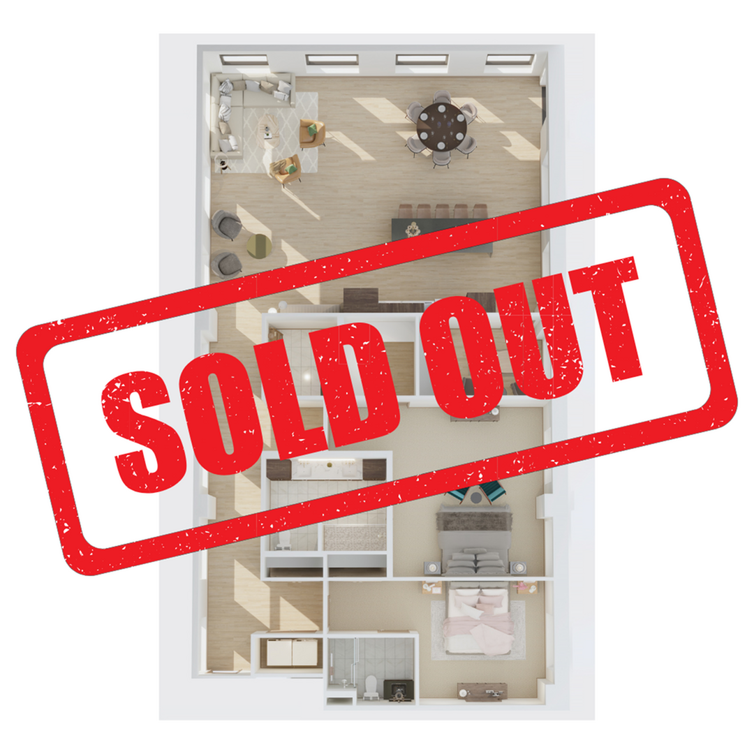 3D floor plan of a sold-out apartment showcasing a sunlit open living space with two bedrooms and a modern kitchen.