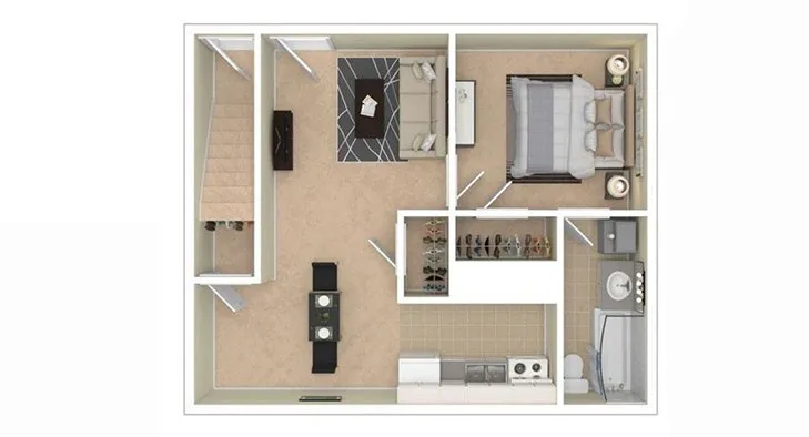 Elegant floor plan showcasing a cozy 1-bedroom apartment with an open living-dining area, modern kitchen, and spacious bathroom.