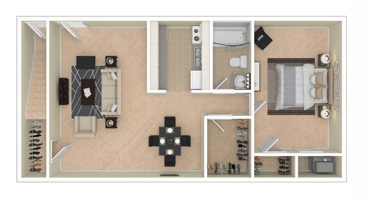 Modern 2D floor plan showcasing a cozy bedroom, stylish living area, and well-equipped kitchen with adjacent dining space.