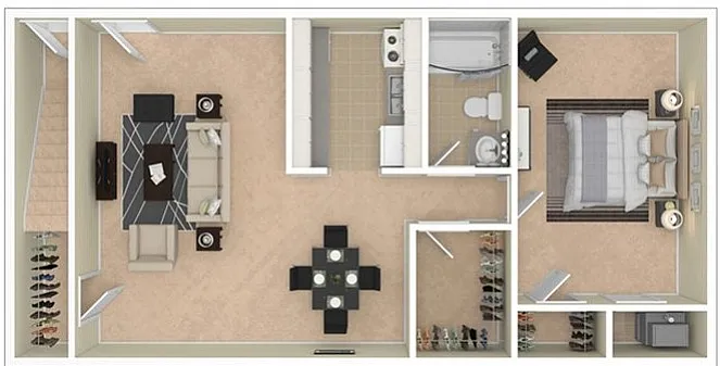 Inviting 2D floor plan showcasing a cozy one-bedroom apartment, featuring a modern kitchen, elegant living area, and ample storage space.