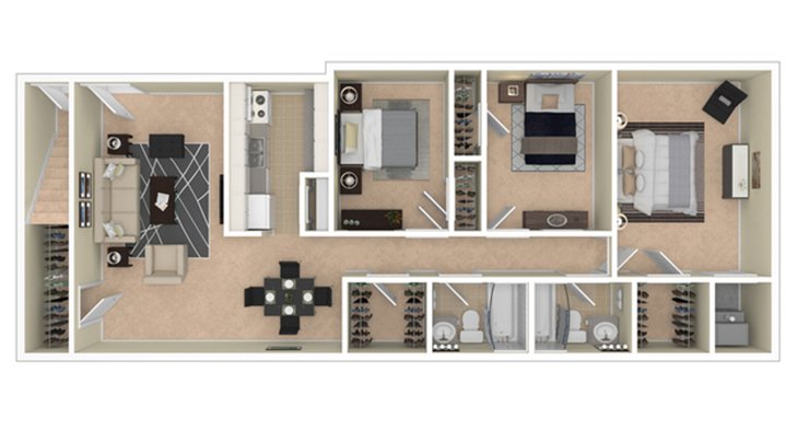 Elegant 3D floor plan showcasing a spacious layout with 3 bedrooms, a modern kitchen, cozy living area, and stylish dining space.