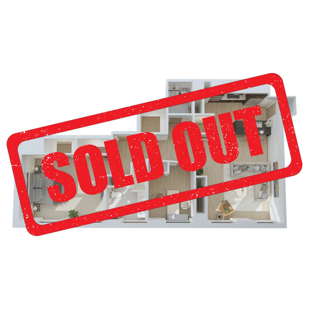 Modern 3D apartment floor plan with open-concept living area, spacious bedrooms, and stylish kitchen, marked \'Sold Out\'.