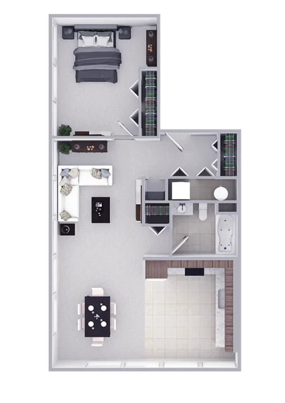 Elegant 2D floor plan showcasing a cozy bedroom, chic living room, modern kitchen, and sleek bathroom layout.