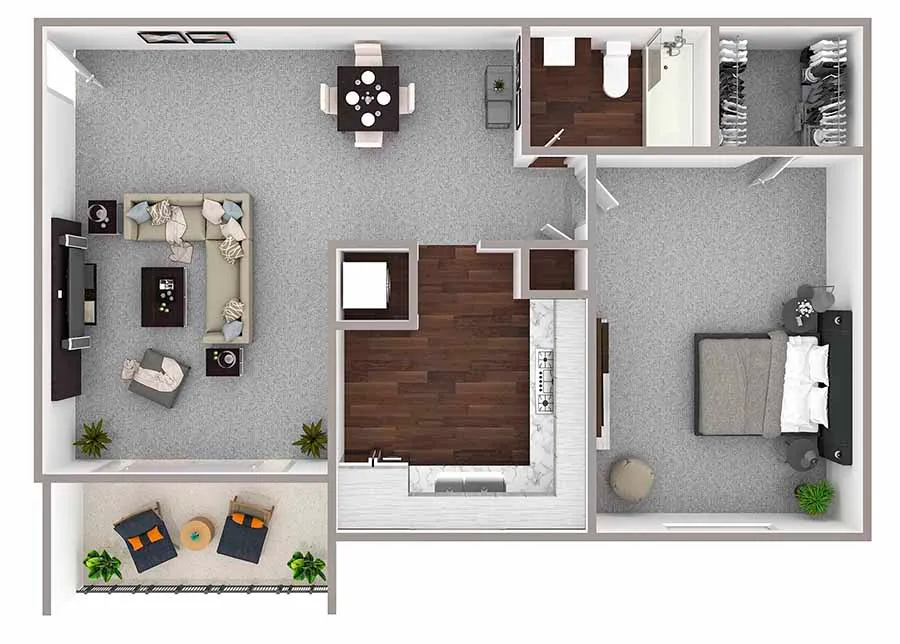 Chic apartment floor plan showcasing an elegant open-concept living and dining area, one spacious bedroom, modern kitchen, stylish bathroom, and a cozy balcony for relaxation.