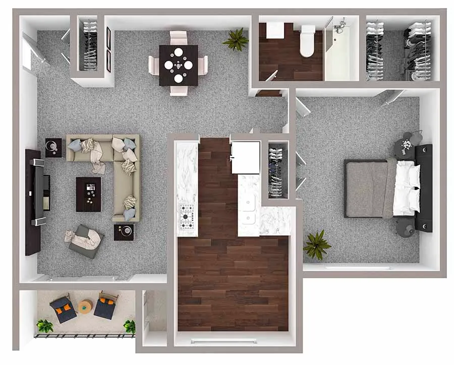 Modern 2D floor plan showcasing a 1-bedroom apartment with a stylish living room, open dining area, chic kitchen, and a cozy balcony perfect for relaxation.