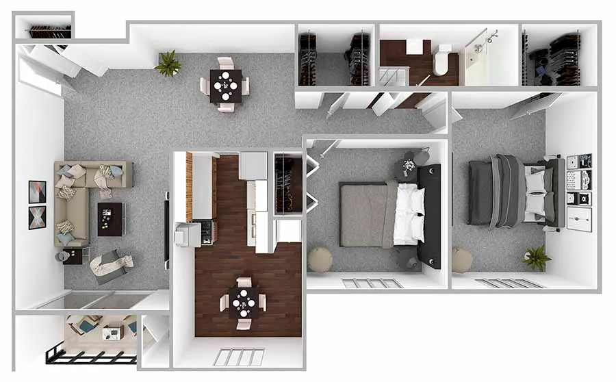 Chic 3-bedroom floor plan highlighting open-concept living and dining area, sleek kitchen, and modern finishes.
