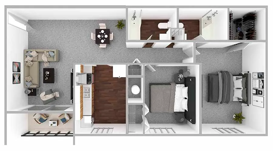 Elegant 2D floor plan showcasing 2 bedrooms, a modern kitchen, and a cozy living area with chic furnishings.