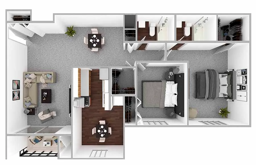 Contemporary 3D floor plan showcasing 2 spacious bedrooms, elegant open-concept living and dining area, modern kitchen, and dual bathrooms with ample storage.