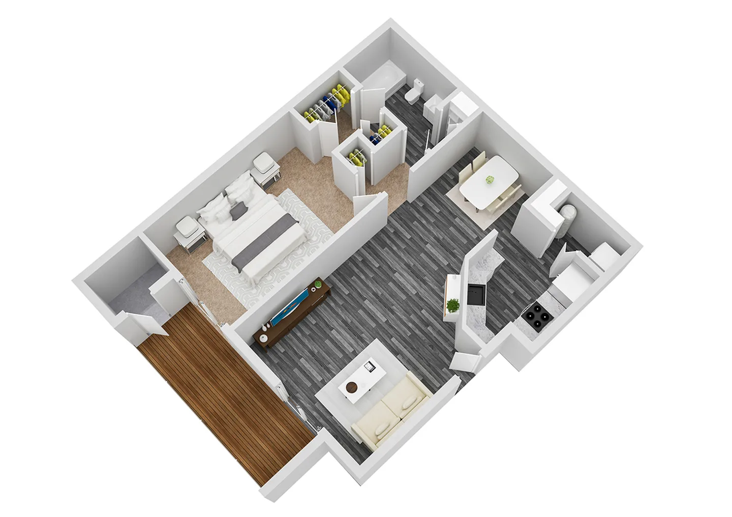 Modern 3D floor plan showcasing an elegant one-bedroom apartment with open-concept living and dining area, sleek kitchen, and private balcony.