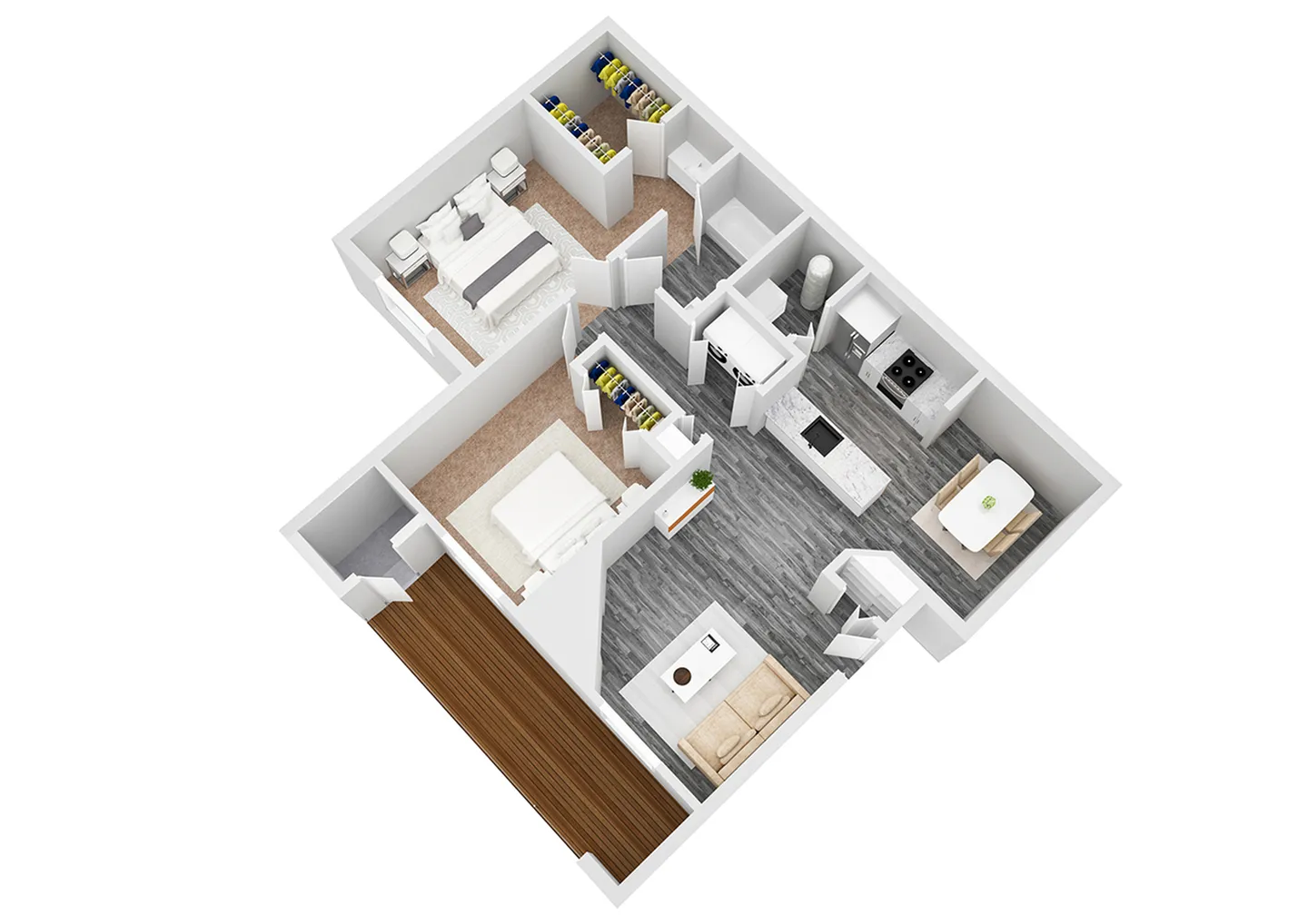 Vibrant 3D floor plan showcasing two cozy bedrooms, an elegant bathroom, a modern kitchen with island, and an inviting open-concept living and dining area.