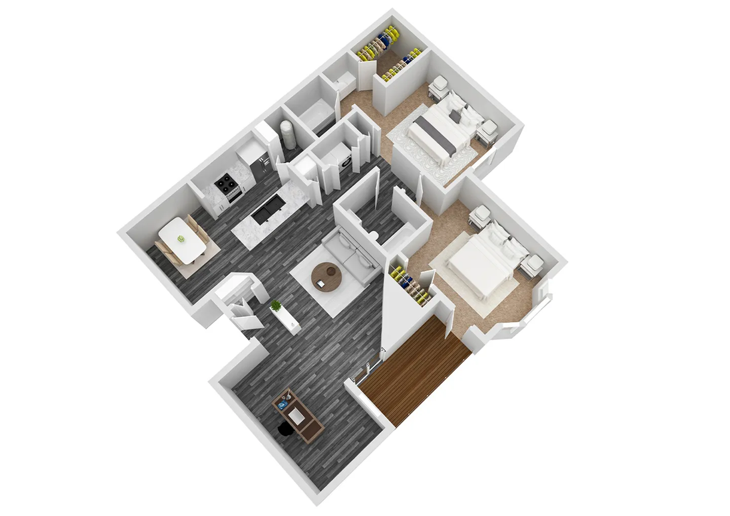 Modern 3D floor plan showcasing two bedrooms, sleek kitchen with dining area, and stylish open living space.
